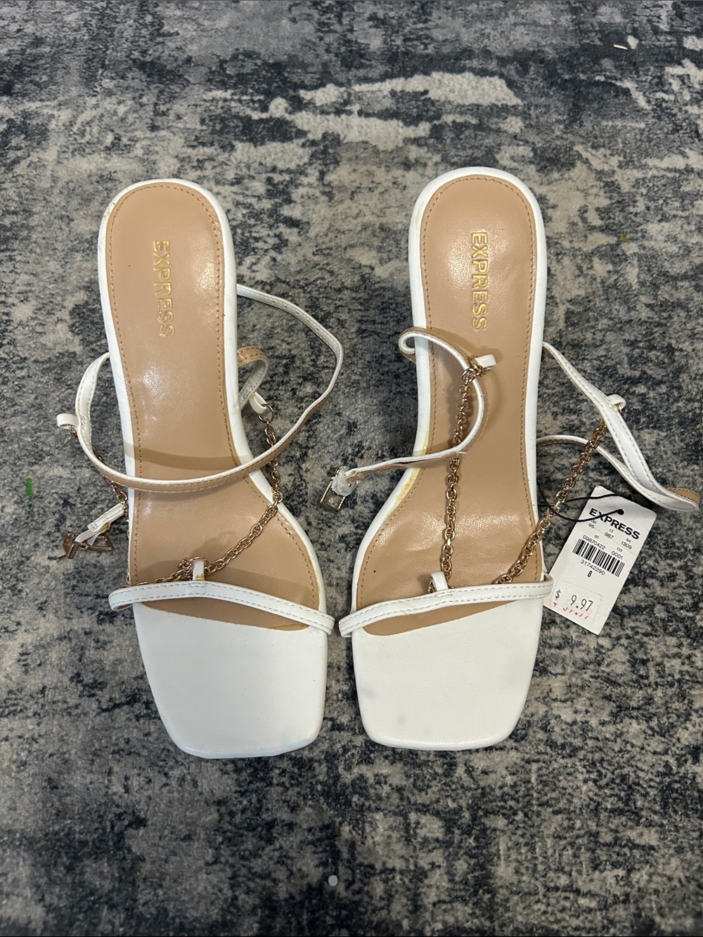 Express White Strappy Heeled Sandals with Gold Chain Accent